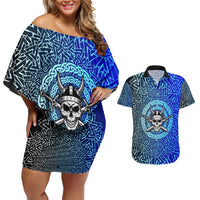 Viking Skull Couples Matching Off Shoulder Short Dress and Hawaiian Shirt with Horned Helmet and Swords Nordic Warrior Tribute - Wonder Print Shop