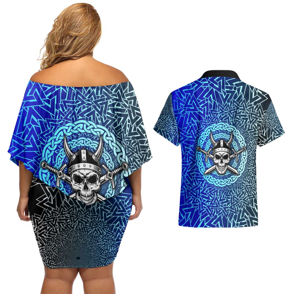 Viking Skull Couples Matching Off Shoulder Short Dress and Hawaiian Shirt with Horned Helmet and Swords Nordic Warrior Tribute - Wonder Print Shop