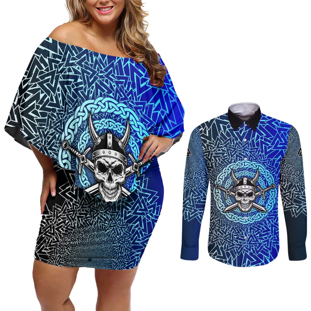 Viking Skull Couples Matching Off Shoulder Short Dress and Long Sleeve Button Shirt with Horned Helmet and Swords Nordic Warrior Tribute - Wonder Print Shop