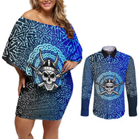 Viking Skull Couples Matching Off Shoulder Short Dress and Long Sleeve Button Shirt with Horned Helmet and Swords Nordic Warrior Tribute - Wonder Print Shop