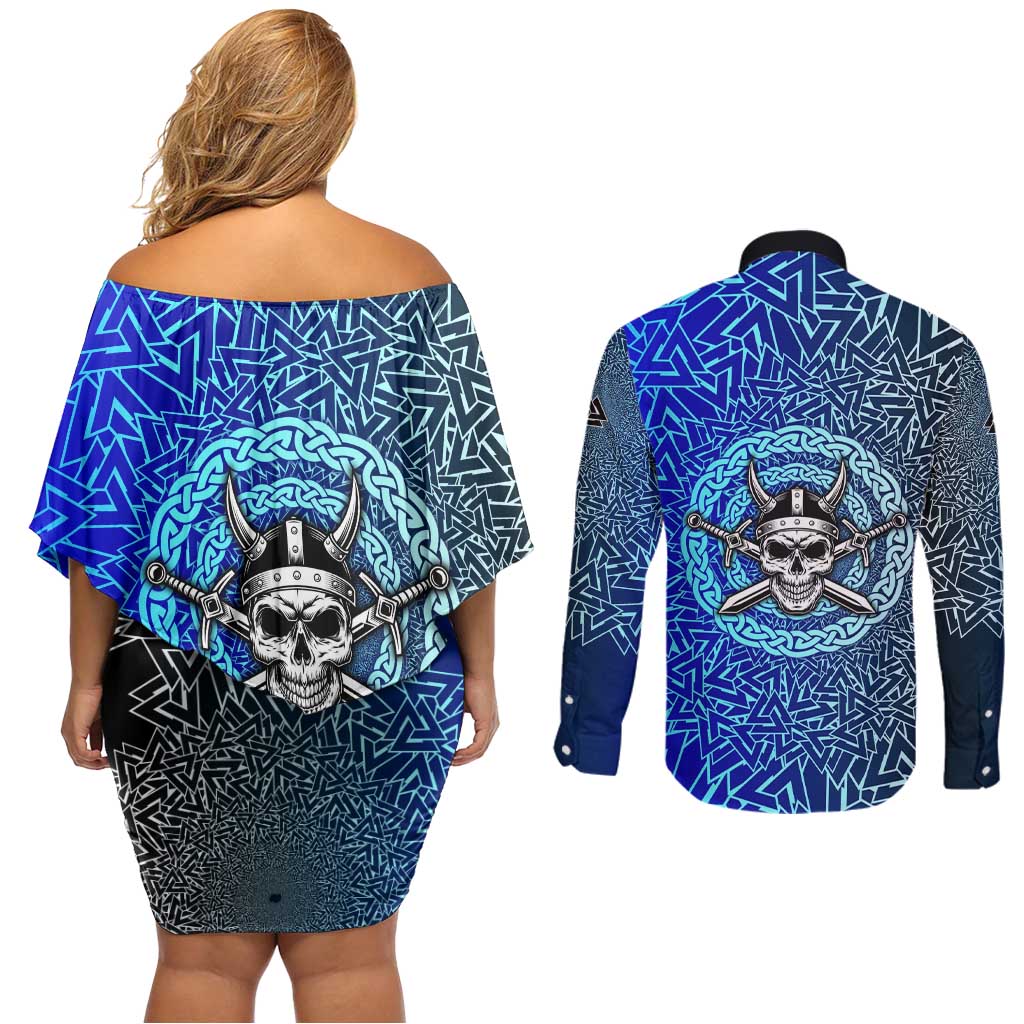 Viking Skull Couples Matching Off Shoulder Short Dress and Long Sleeve Button Shirt with Horned Helmet and Swords Nordic Warrior Tribute - Wonder Print Shop