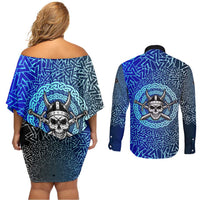 Viking Skull Couples Matching Off Shoulder Short Dress and Long Sleeve Button Shirt with Horned Helmet and Swords Nordic Warrior Tribute - Wonder Print Shop