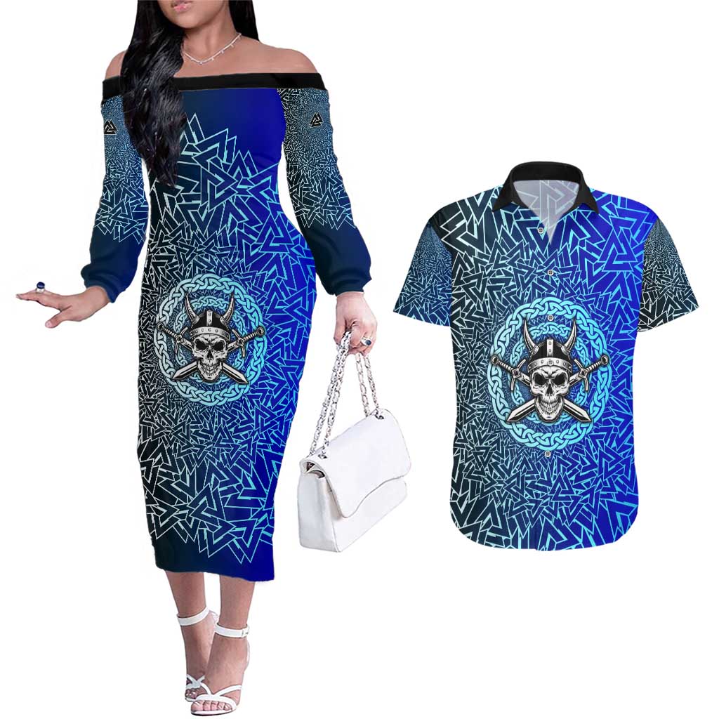 Viking Skull Couples Matching Off The Shoulder Long Sleeve Dress and Hawaiian Shirt with Horned Helmet and Swords Nordic Warrior Tribute - Wonder Print Shop