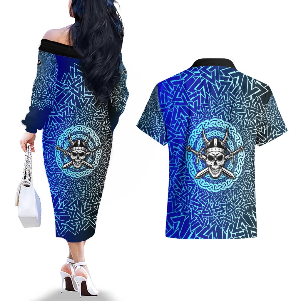 Viking Skull Couples Matching Off The Shoulder Long Sleeve Dress and Hawaiian Shirt with Horned Helmet and Swords Nordic Warrior Tribute - Wonder Print Shop