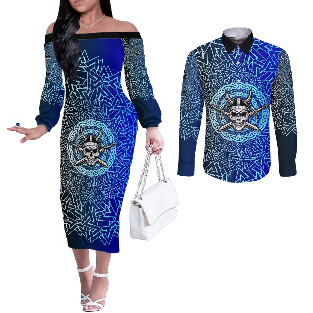 Viking Skull Couples Matching Off The Shoulder Long Sleeve Dress and Long Sleeve Button Shirt with Horned Helmet and Swords Nordic Warrior Tribute - Wonder Print Shop
