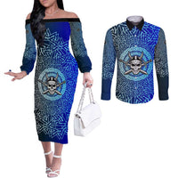 Viking Skull Couples Matching Off The Shoulder Long Sleeve Dress and Long Sleeve Button Shirt with Horned Helmet and Swords Nordic Warrior Tribute - Wonder Print Shop