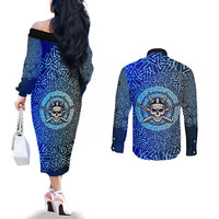 Viking Skull Couples Matching Off The Shoulder Long Sleeve Dress and Long Sleeve Button Shirt with Horned Helmet and Swords Nordic Warrior Tribute - Wonder Print Shop
