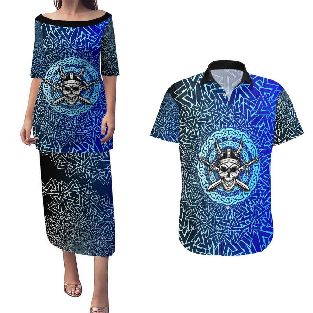 Viking Skull Couples Matching Puletasi and Hawaiian Shirt with Horned Helmet and Swords Nordic Warrior Tribute - Wonder Print Shop