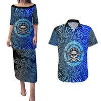Viking Skull Couples Matching Puletasi and Hawaiian Shirt with Horned Helmet and Swords Nordic Warrior Tribute - Wonder Print Shop