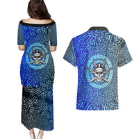 Viking Skull Couples Matching Puletasi and Hawaiian Shirt with Horned Helmet and Swords Nordic Warrior Tribute - Wonder Print Shop