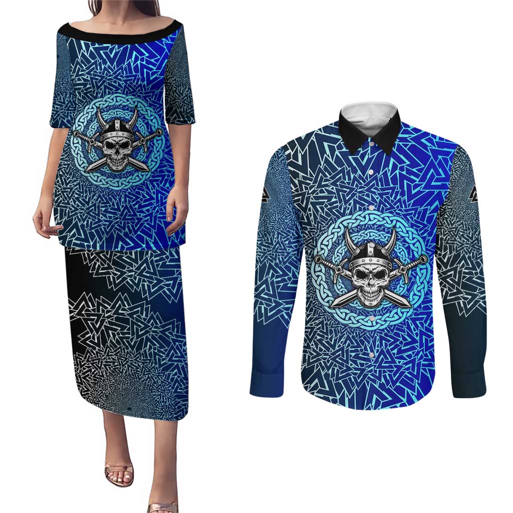 Viking Skull Couples Matching Puletasi and Long Sleeve Button Shirt with Horned Helmet and Swords Nordic Warrior Tribute - Wonder Print Shop