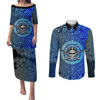 Viking Skull Couples Matching Puletasi and Long Sleeve Button Shirt with Horned Helmet and Swords Nordic Warrior Tribute - Wonder Print Shop