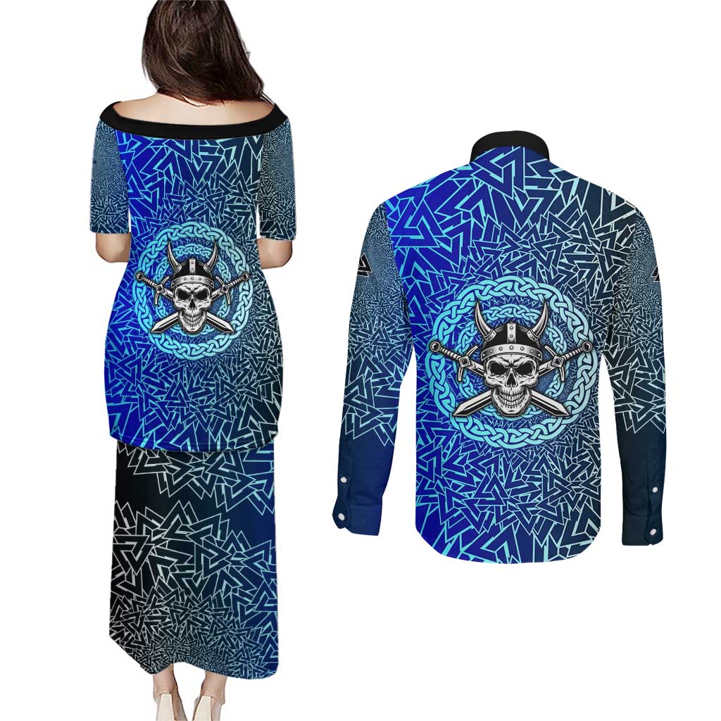 Viking Skull Couples Matching Puletasi and Long Sleeve Button Shirt with Horned Helmet and Swords Nordic Warrior Tribute - Wonder Print Shop