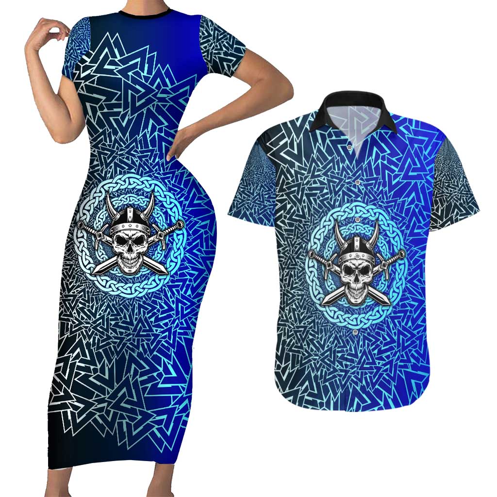 Viking Skull Couples Matching Short Sleeve Bodycon Dress and Hawaiian Shirt with Horned Helmet and Swords Nordic Warrior Tribute - Wonder Print Shop