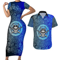 Viking Skull Couples Matching Short Sleeve Bodycon Dress and Hawaiian Shirt with Horned Helmet and Swords Nordic Warrior Tribute - Wonder Print Shop