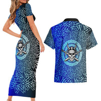 Viking Skull Couples Matching Short Sleeve Bodycon Dress and Hawaiian Shirt with Horned Helmet and Swords Nordic Warrior Tribute - Wonder Print Shop