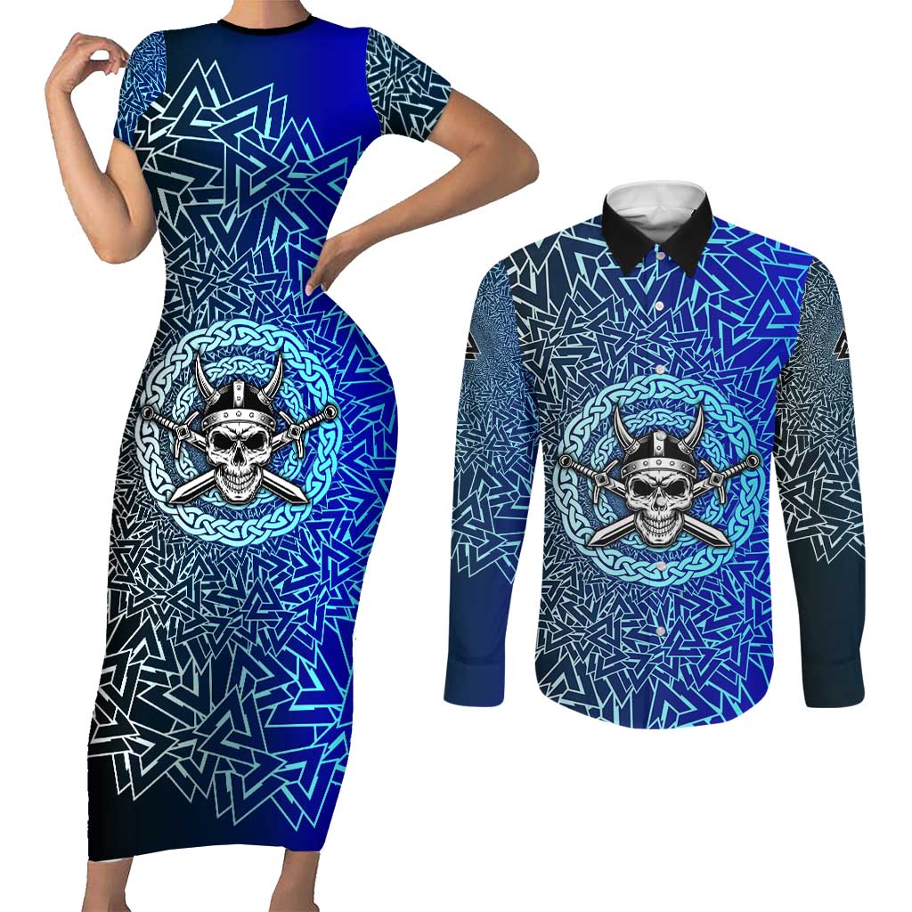 Viking Skull Couples Matching Short Sleeve Bodycon Dress and Long Sleeve Button Shirt with Horned Helmet and Swords Nordic Warrior Tribute - Wonder Print Shop