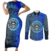 Viking Skull Couples Matching Short Sleeve Bodycon Dress and Long Sleeve Button Shirt with Horned Helmet and Swords Nordic Warrior Tribute - Wonder Print Shop