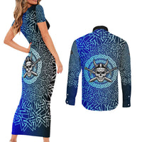 Viking Skull Couples Matching Short Sleeve Bodycon Dress and Long Sleeve Button Shirt with Horned Helmet and Swords Nordic Warrior Tribute - Wonder Print Shop