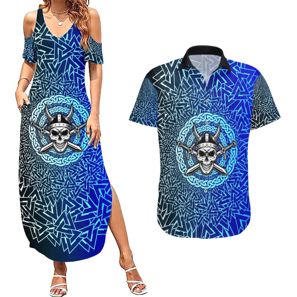 Viking Skull Couples Matching Summer Maxi Dress and Hawaiian Shirt with Horned Helmet and Swords Nordic Warrior Tribute - Wonder Print Shop