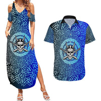 Viking Skull Couples Matching Summer Maxi Dress and Hawaiian Shirt with Horned Helmet and Swords Nordic Warrior Tribute - Wonder Print Shop