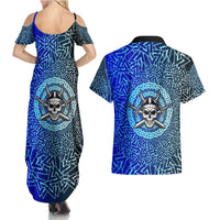 Viking Skull Couples Matching Summer Maxi Dress and Hawaiian Shirt with Horned Helmet and Swords Nordic Warrior Tribute - Wonder Print Shop