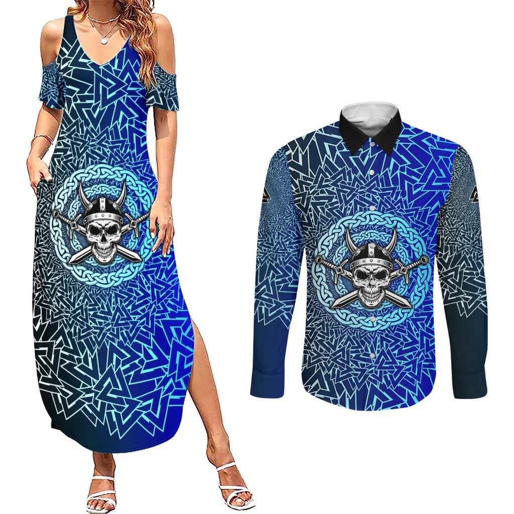 Viking Skull Couples Matching Summer Maxi Dress and Long Sleeve Button Shirt with Horned Helmet and Swords Nordic Warrior Tribute - Wonder Print Shop