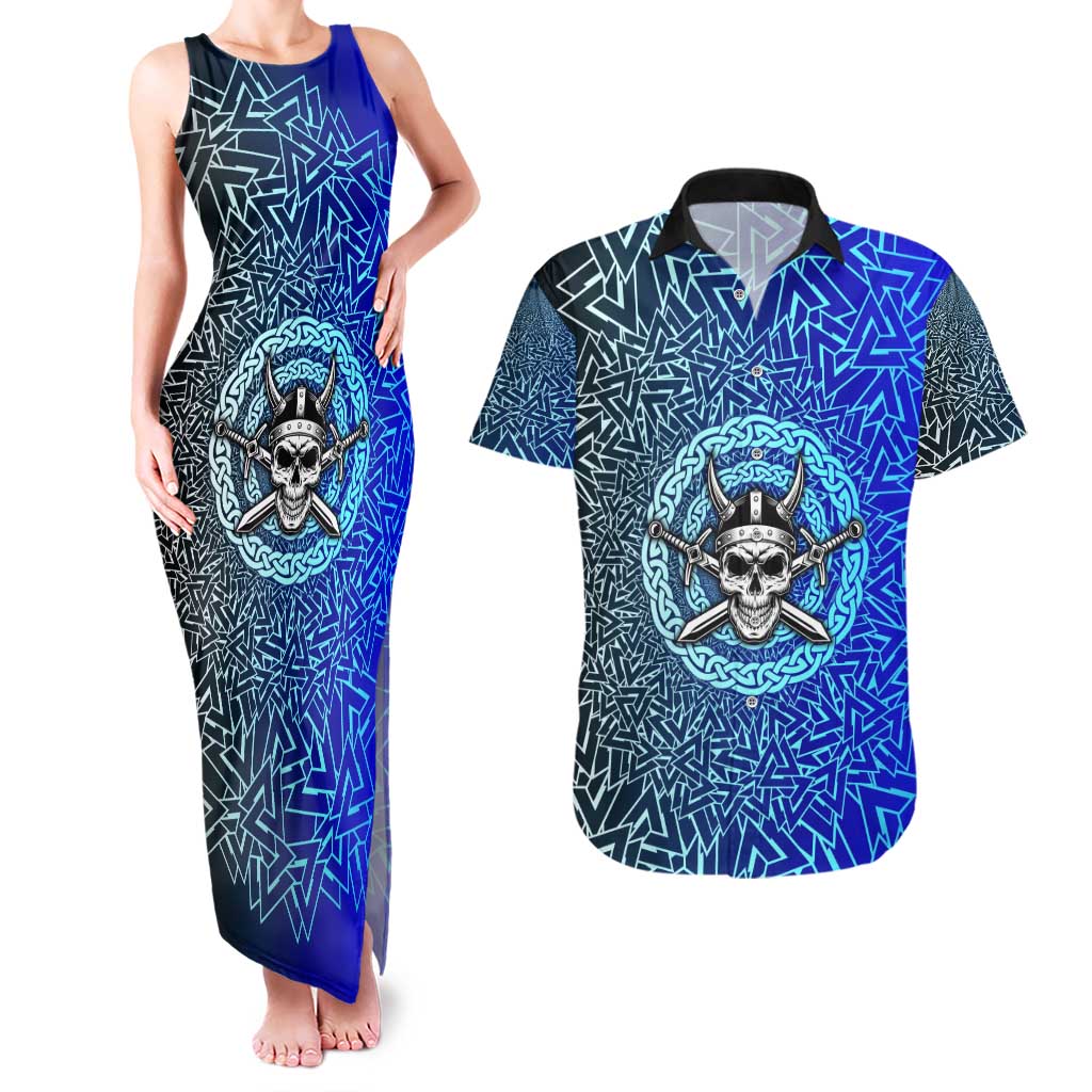 Viking Skull Couples Matching Tank Maxi Dress and Hawaiian Shirt with Horned Helmet and Swords Nordic Warrior Tribute - Wonder Print Shop