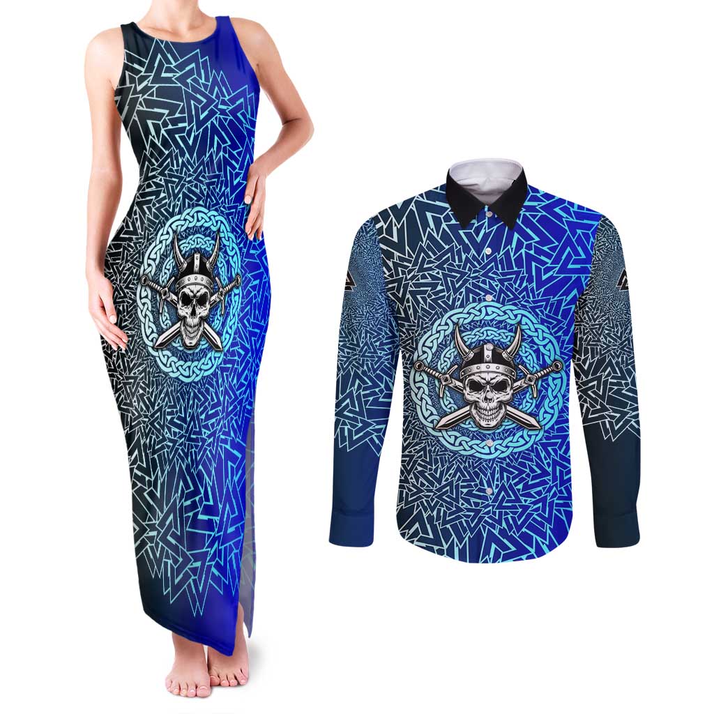 Viking Skull Couples Matching Tank Maxi Dress and Long Sleeve Button Shirt with Horned Helmet and Swords Nordic Warrior Tribute - Wonder Print Shop
