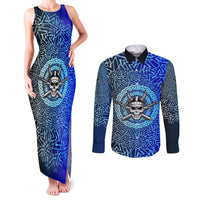 Viking Skull Couples Matching Tank Maxi Dress and Long Sleeve Button Shirt with Horned Helmet and Swords Nordic Warrior Tribute - Wonder Print Shop