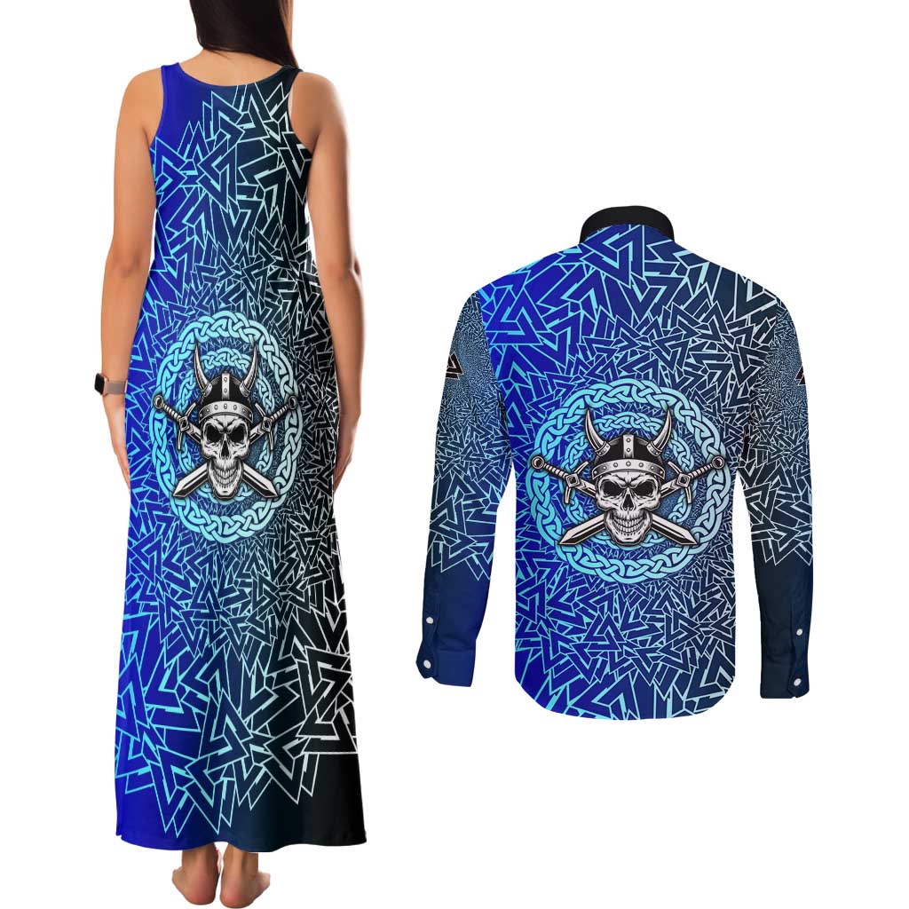 Viking Skull Couples Matching Tank Maxi Dress and Long Sleeve Button Shirt with Horned Helmet and Swords Nordic Warrior Tribute - Wonder Print Shop