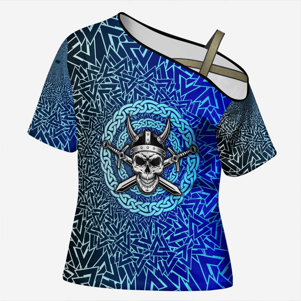 Viking Skull Cross Shoulder Shirt with Horned Helmet and Swords Nordic Warrior Tribute - Wonder Print Shop