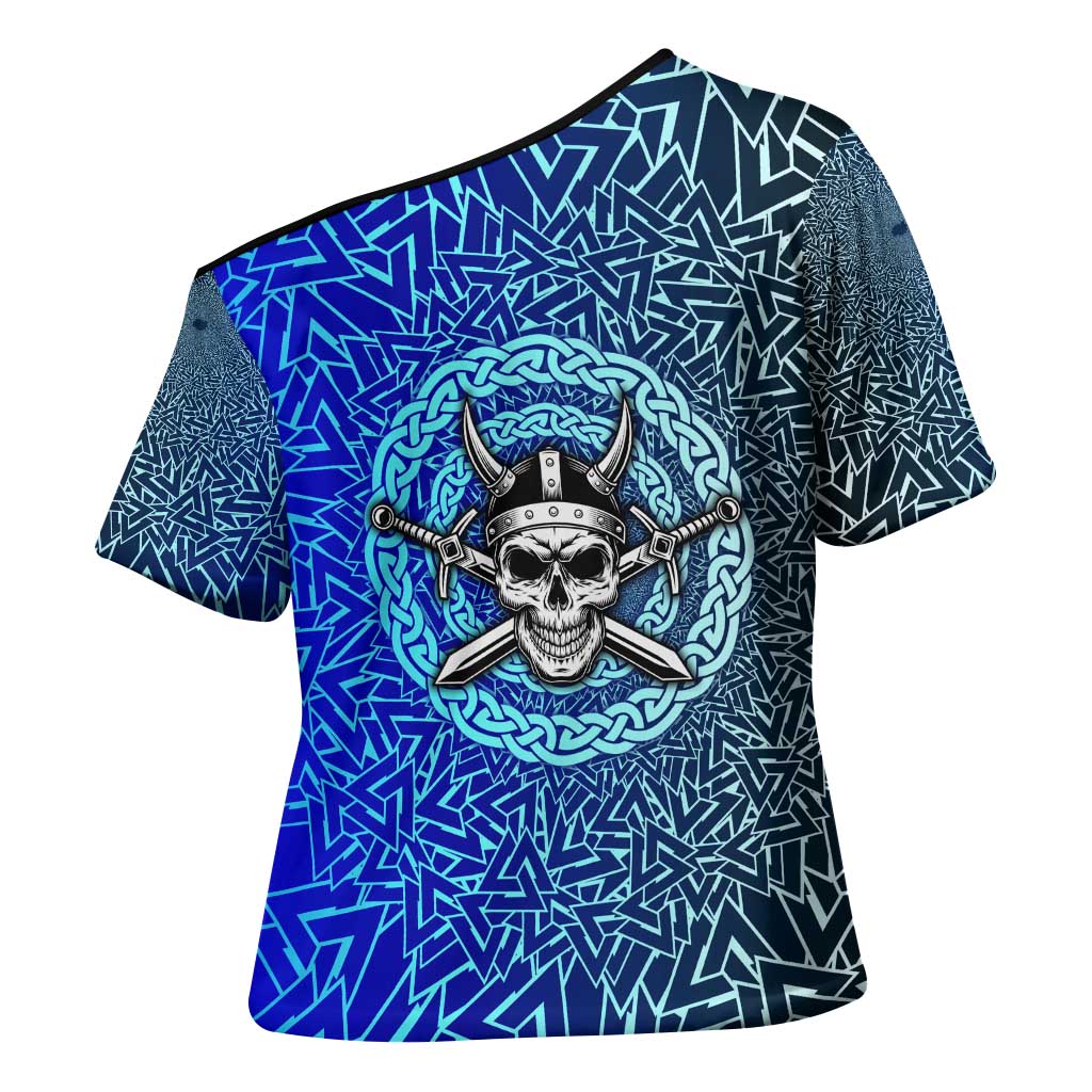 Viking Skull Cross Shoulder Shirt with Horned Helmet and Swords Nordic Warrior Tribute - Wonder Print Shop