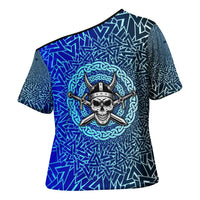 Viking Skull Cross Shoulder Shirt with Horned Helmet and Swords Nordic Warrior Tribute - Wonder Print Shop