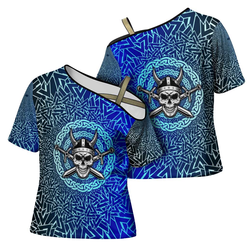 Viking Skull Cross Shoulder Shirt with Horned Helmet and Swords Nordic Warrior Tribute - Wonder Print Shop