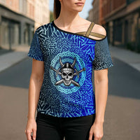 Viking Skull Cross Shoulder Shirt with Horned Helmet and Swords Nordic Warrior Tribute - Wonder Print Shop