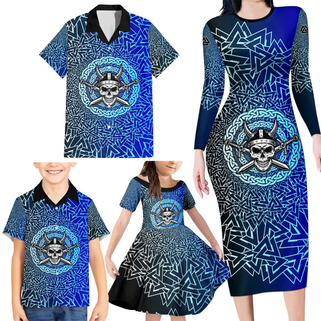 Viking Skull Family Matching Long Sleeve Bodycon Dress and Hawaiian Shirt with Horned Helmet and Swords Nordic Warrior Tribute - Wonder Print Shop