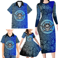 Viking Skull Family Matching Long Sleeve Bodycon Dress and Hawaiian Shirt with Horned Helmet and Swords Nordic Warrior Tribute - Wonder Print Shop