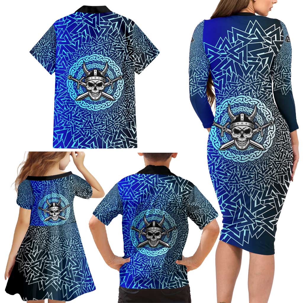 Viking Skull Family Matching Long Sleeve Bodycon Dress and Hawaiian Shirt with Horned Helmet and Swords Nordic Warrior Tribute - Wonder Print Shop