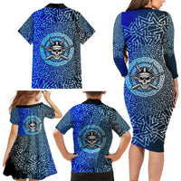 Viking Skull Family Matching Long Sleeve Bodycon Dress and Hawaiian Shirt with Horned Helmet and Swords Nordic Warrior Tribute - Wonder Print Shop
