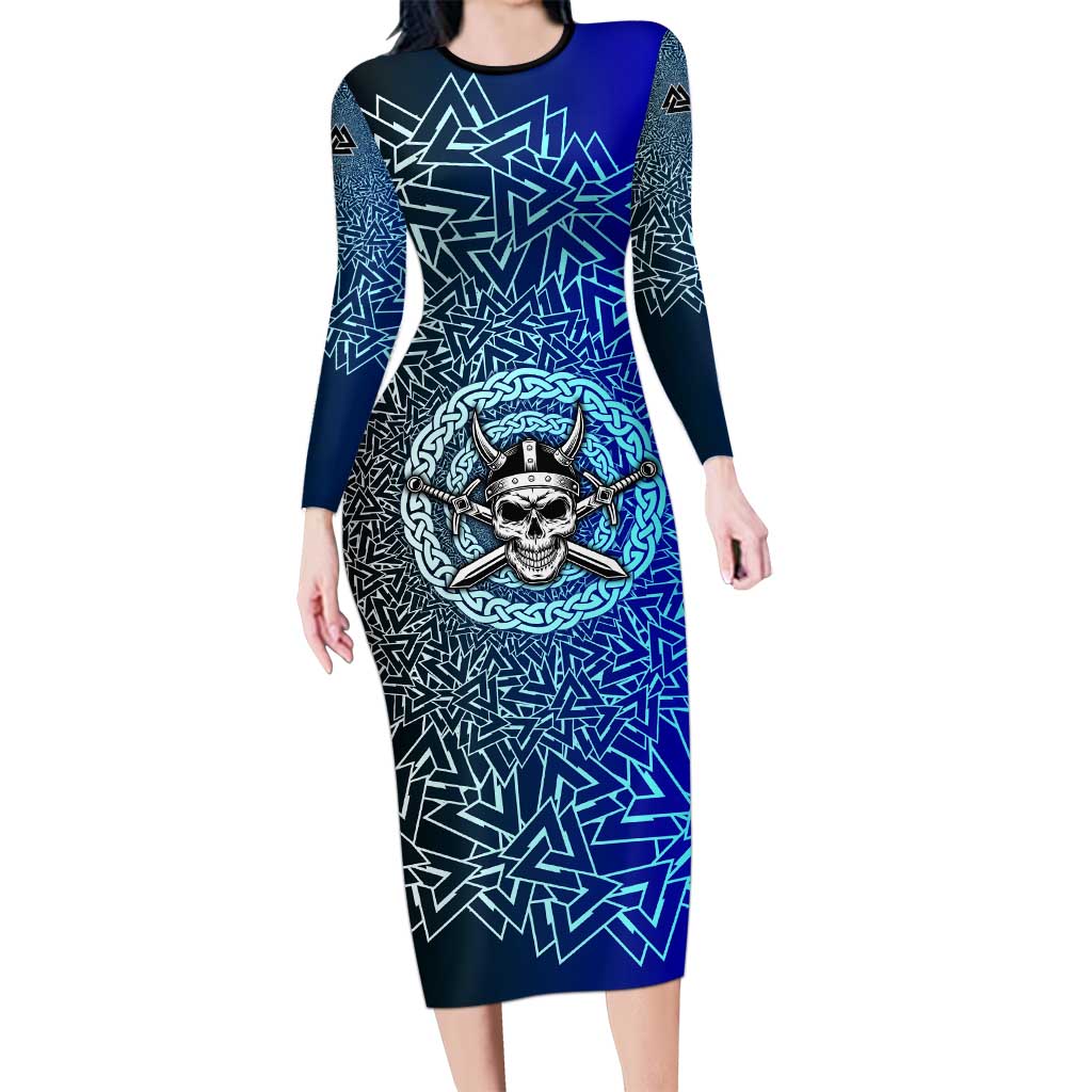 Viking Skull Family Matching Long Sleeve Bodycon Dress and Hawaiian Shirt with Horned Helmet and Swords Nordic Warrior Tribute - Wonder Print Shop