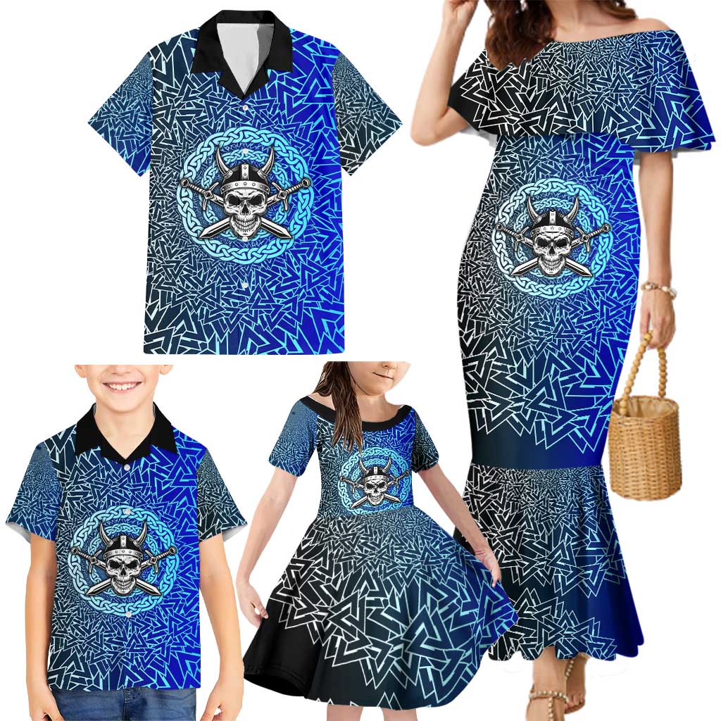 Viking Skull Family Matching Mermaid Dress and Hawaiian Shirt with Horned Helmet and Swords Nordic Warrior Tribute - Wonder Print Shop