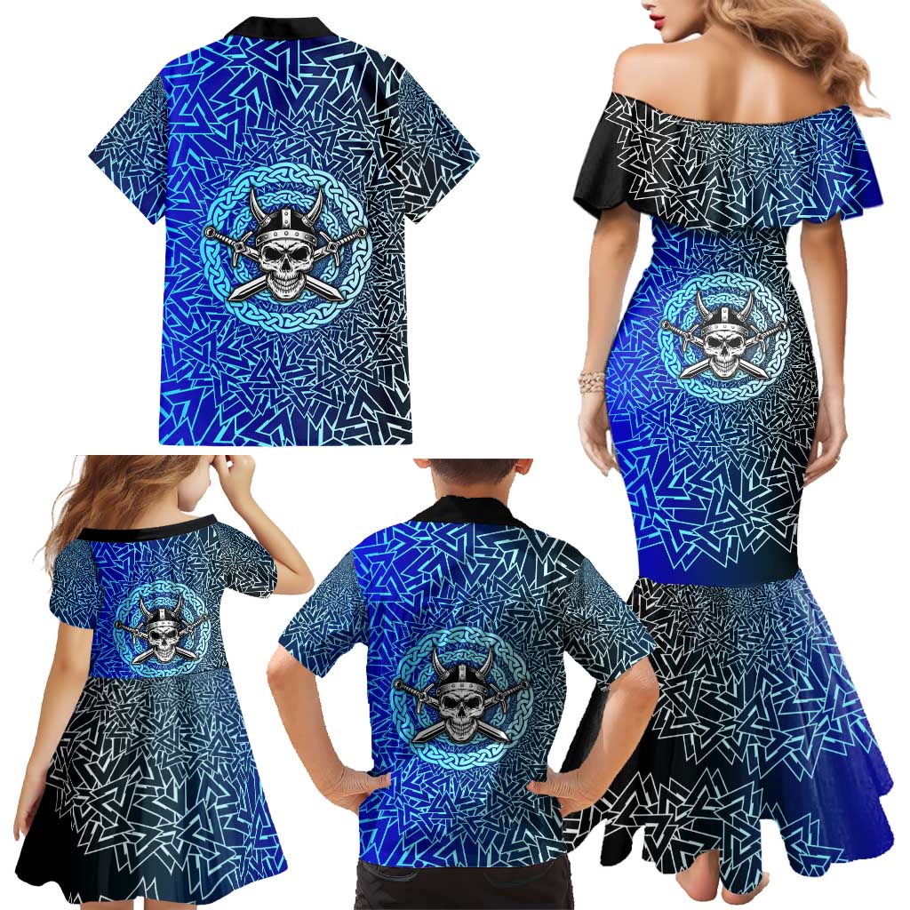 Viking Skull Family Matching Mermaid Dress and Hawaiian Shirt with Horned Helmet and Swords Nordic Warrior Tribute - Wonder Print Shop
