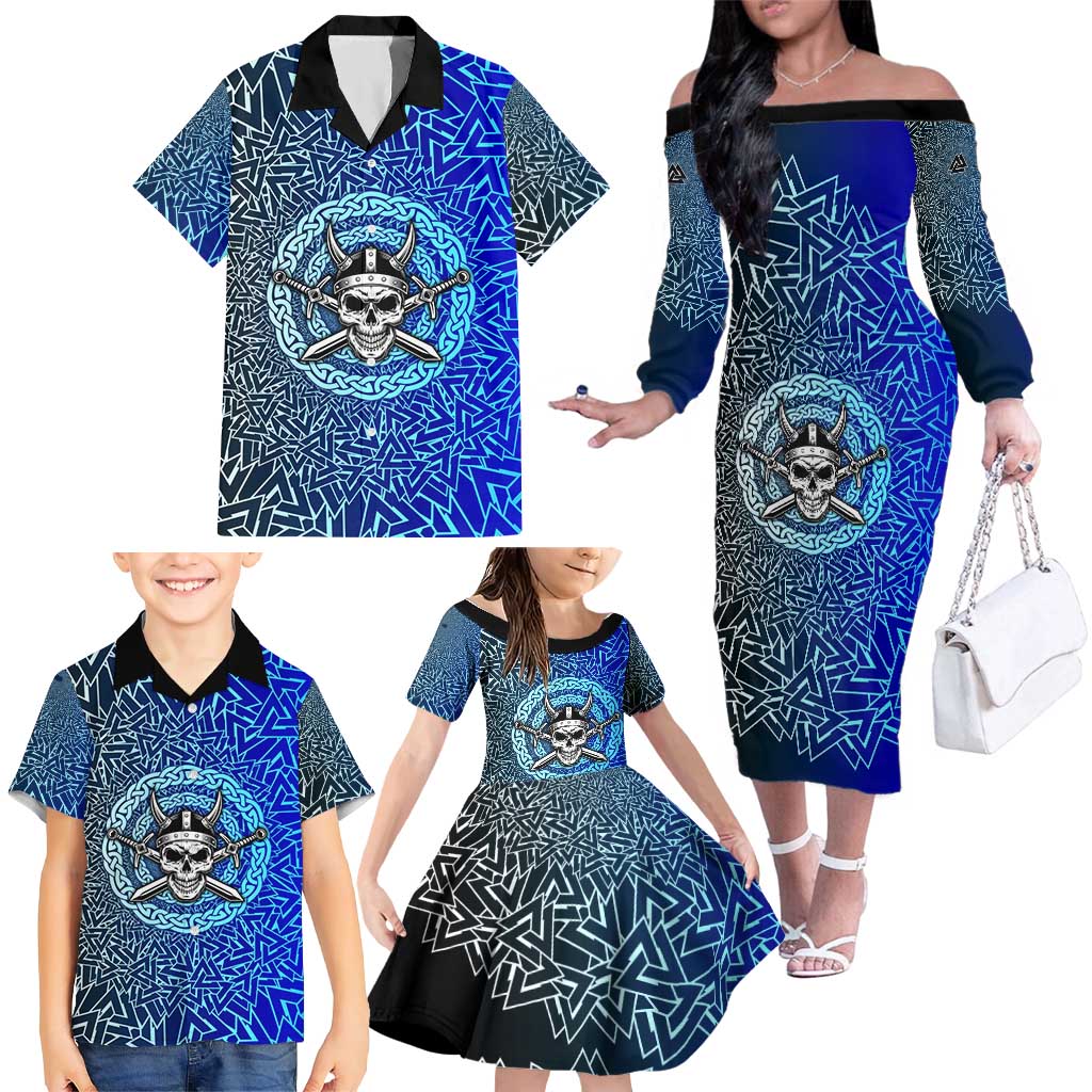 Viking Skull Family Matching Off The Shoulder Long Sleeve Dress and Hawaiian Shirt with Horned Helmet and Swords Nordic Warrior Tribute - Wonder Print Shop