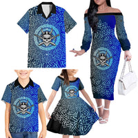 Viking Skull Family Matching Off The Shoulder Long Sleeve Dress and Hawaiian Shirt with Horned Helmet and Swords Nordic Warrior Tribute - Wonder Print Shop