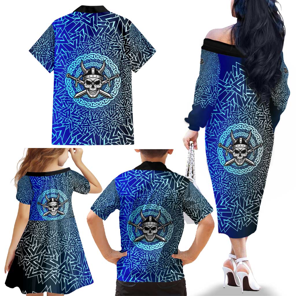 Viking Skull Family Matching Off The Shoulder Long Sleeve Dress and Hawaiian Shirt with Horned Helmet and Swords Nordic Warrior Tribute - Wonder Print Shop