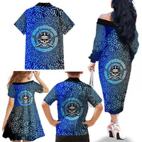 Viking Skull Family Matching Off The Shoulder Long Sleeve Dress and Hawaiian Shirt with Horned Helmet and Swords Nordic Warrior Tribute - Wonder Print Shop
