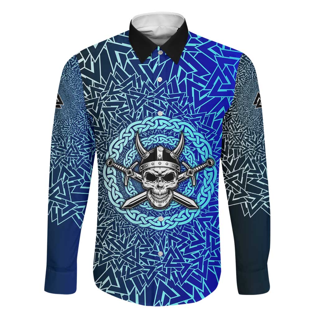 Viking Skull Family Matching Off The Shoulder Long Sleeve Dress and Hawaiian Shirt with Horned Helmet and Swords Nordic Warrior Tribute - Wonder Print Shop