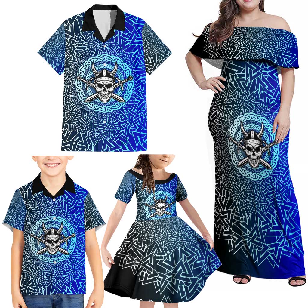 Viking Skull Family Matching Off Shoulder Maxi Dress and Hawaiian Shirt with Horned Helmet and Swords Nordic Warrior Tribute - Wonder Print Shop