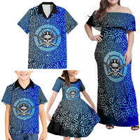 Viking Skull Family Matching Off Shoulder Maxi Dress and Hawaiian Shirt with Horned Helmet and Swords Nordic Warrior Tribute - Wonder Print Shop